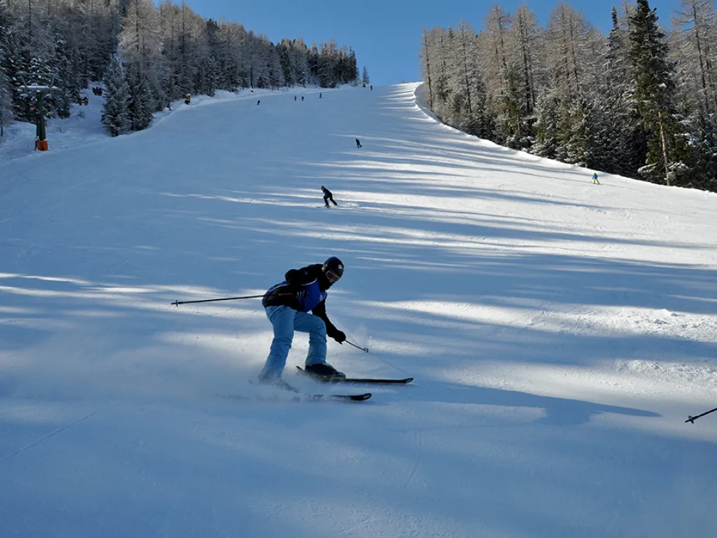 Skifahrer auf der breiten Piste zwischen den Bäumen.